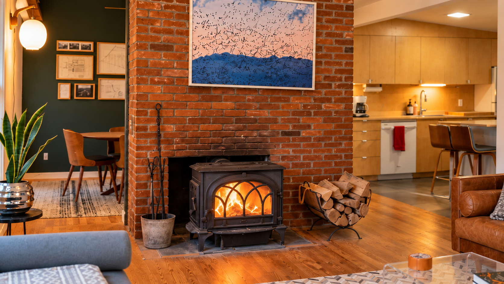 A glowing wood-burning stove set into a brick fireplace in a warm vacation-rental living room